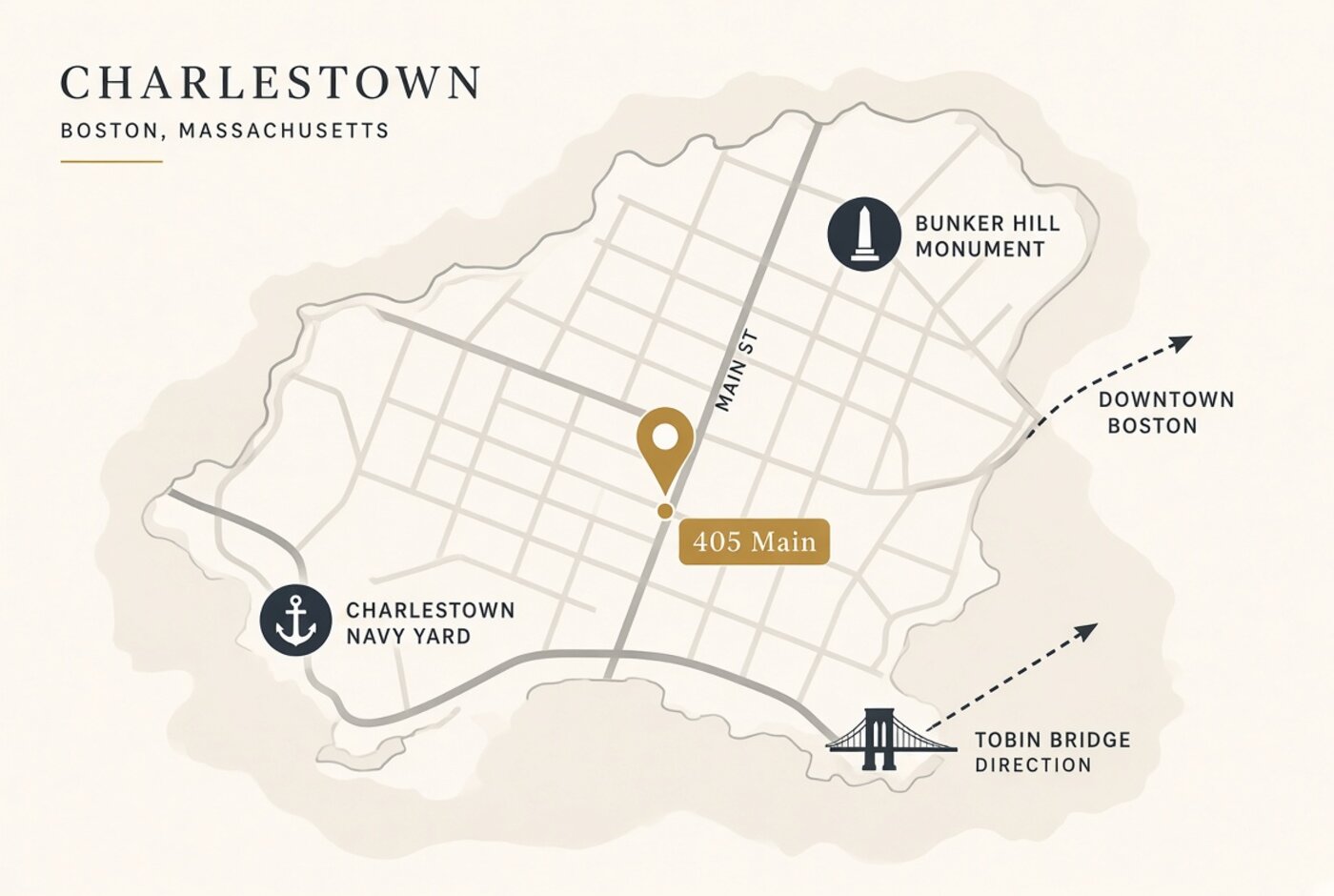 Simplified map of 405 Main Street in Charlestown, Boston